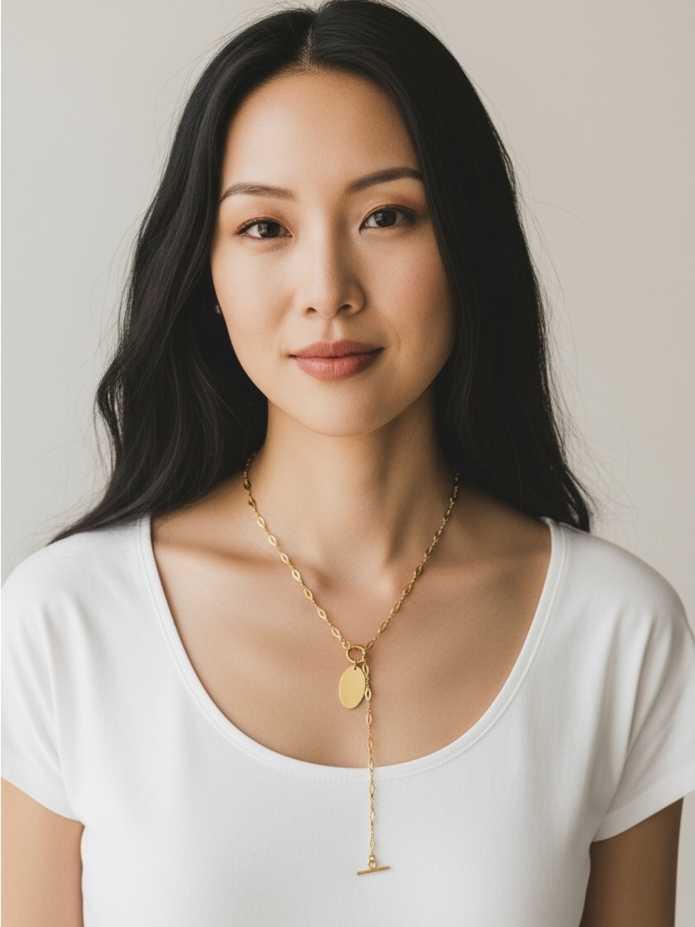 Gold Lariat Link Necklace with Oval Pendant